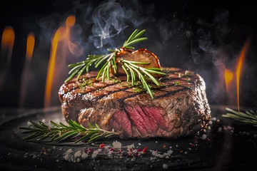 Foto op Canvas Entrecote Beef Steak cooking on open gril with Rosemary Salt and Pepper. Generative AI © Michael