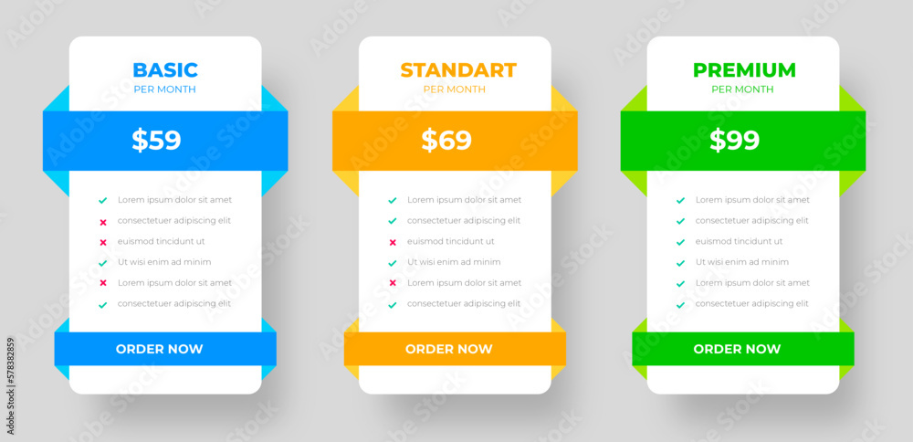 Poster ui ux pricing design tables with tariffs, subscription features checklist and business plans. pricin