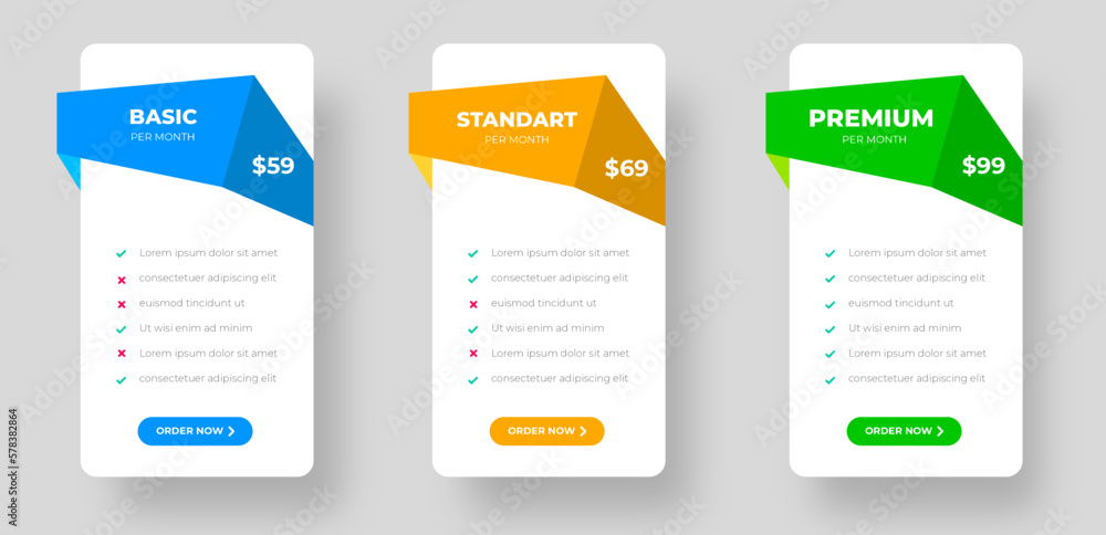 Poster ui ux pricing design tables with tariffs, subscription features checklist and business plans. pricin