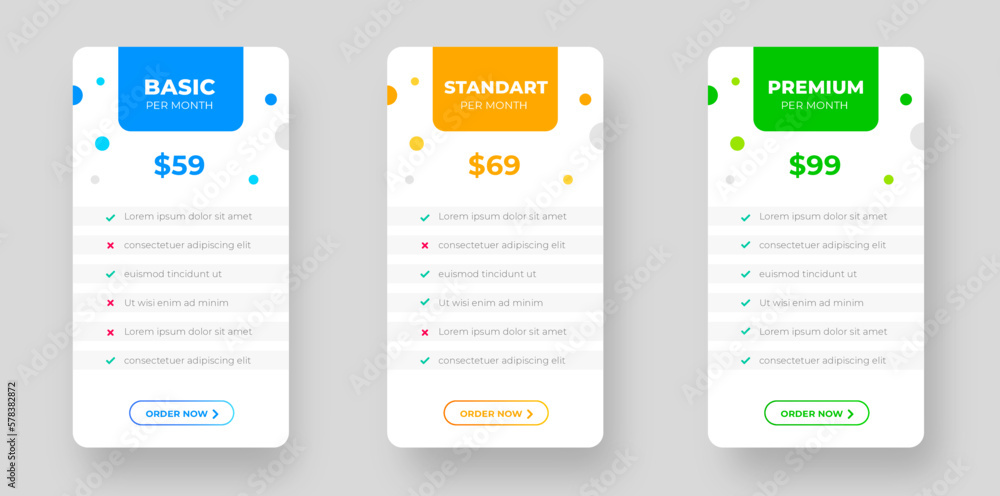 Aufkleber ui ux pricing design tables with tariffs, subscription features checklist and business plans. pricin