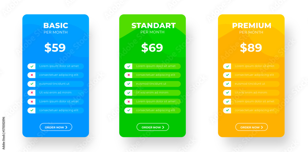 Aufkleber ui ux pricing design tables with tariffs, subscription features checklist and business plans. pricin