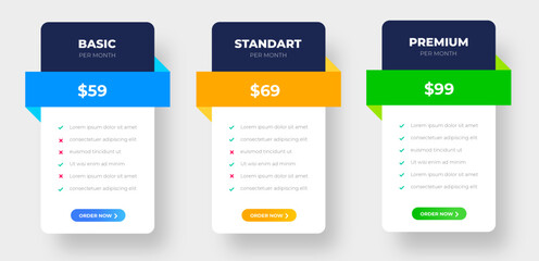 Ui UX pricing design tables with tariffs, subscription features checklist and business plans. pricing plans table and pricing chart Price list for web or app. Product Comparison business web plans.