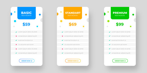 Ui UX pricing design tables with tariffs, subscription features checklist and business plans. pricing plans table and pricing chart Price list for web or app. Product Comparison business web plans. - obrazy, fototapety, plakaty