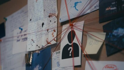 Crime scene photos, fingerprints, paper notes on evidence board, investigation