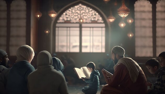 muslim family praying in mosque, Generative AI