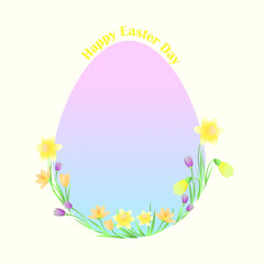 Gradient Easter egg. Spring flowers, crocuses, daffodils. Happy easter lettering. Vector illustration.