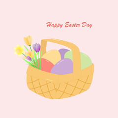 Basket filled with Easter eggs and spring flowers, crocuses, daffodils Happy Easter inscription. Vector illustration.