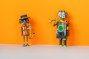 Musical duet. Two robots play the saxophone and trumpet concert. The concept of a poster for a...