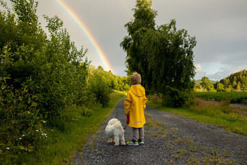 Little child with yellow raincoat and maltese dog, walking on a path, rainbow in front of him