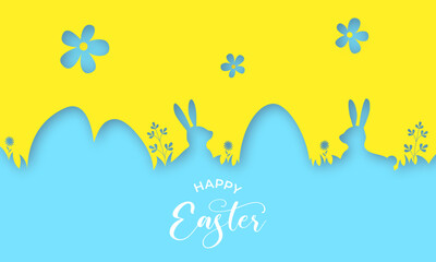 Fototapeta na wymiar Easter greeting card with eggs and flowers. Happy easter paper cut greeting card. Paper cut style design. Vector illustration EPS 10