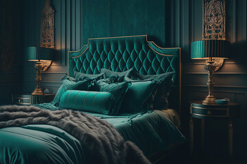 Opulent malachite color bedroom in baroque style. Luxary modern interior. AI generative