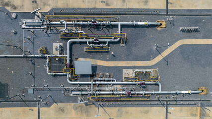 Aerial top view gas control station equipment, Natural gas supplies pipeline, Regulators and...