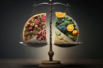 Scales with healthy food and fast food. Veganism, healthy lifestyle, fatty food, vitamins, obesity, proper nutrition, balanced healthy food and calories concept. Generative of AI - obrazy, fototapety, plakaty