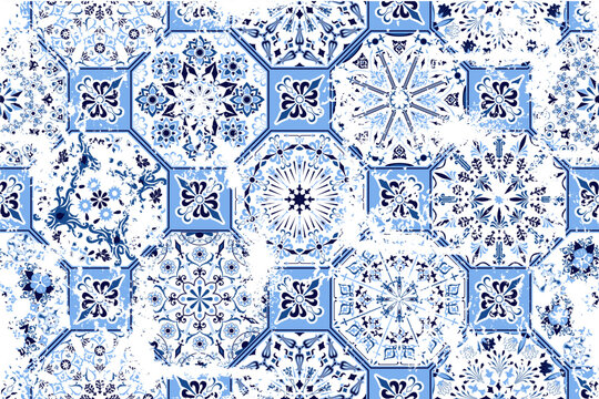 Sicilian ceramic style tile, featuring blue decorative flourishes with floral elements.