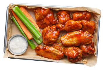 tray of spicy bbq buffalo chicken wings isolated and transparent shot from top view - 578384442