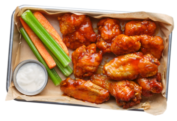 tray of spicy bbq buffalo chicken wings isolated and transparent shot from top view