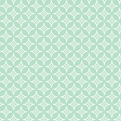 Geometrical regular seamless pattern. White square and round shapes on light green background. Vector illustration.