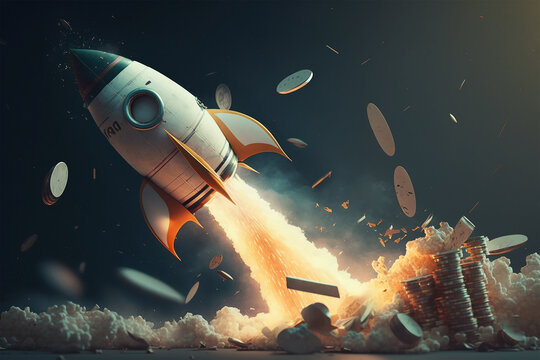 Rocket flying up, coins falling out of the rocket. Generative ai
