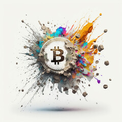 bitcoin cryptocurrency colorful crash explosion bear market white background .created with Generative AI technology