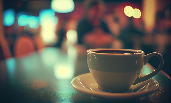 A Cup Of Hot Coffee On The Table In A Cafe With People, Small Depth Of Field, Generative AI