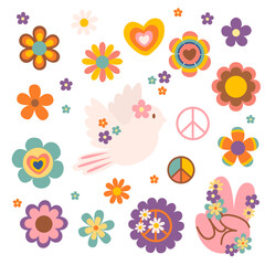 set of isolated funny bird, flower,Peace symbol