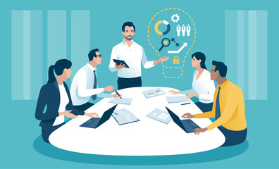 Discussion of the new business plan. Project. Brainstorming. Business vector illustration. - obrazy, fototapety, plakaty
