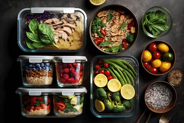 Healthy food served in small containers. Meal prep, portion control, diet, nutrition, fresh, whole foods, healthy eating. Generative of AI