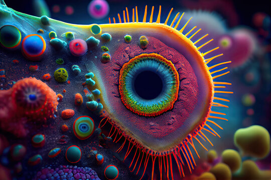 Realistic film-style close-up color images of microscopic bacteria.