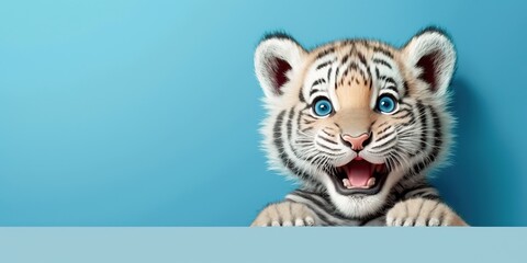cute adorable tiger cub smiling on blue background and copy space generative ai