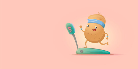 Cartoon funky potato character running or jogging isolated on pink horizontal banner background. Cute sporty vegetable character making cardio sport exercise. Fitness cardio concept
