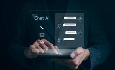 Chat Bot Chat with AI or Artificial Intelligence technology. Businessman using smart phone chatting with an intelligent artificial intelligence asks for the answers he wants. ChatGPT,