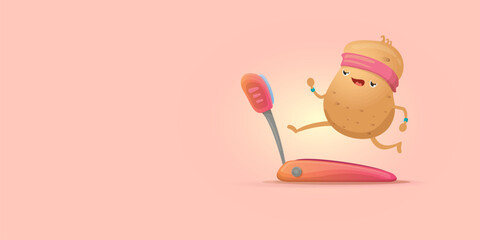 Cartoon funky potato character running or jogging isolated on pink horizontal banner background. Cute sporty vegetable character making cardio sport exercise. Fitness cardio concept