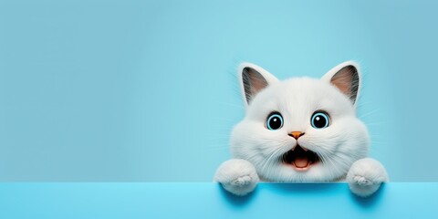 Fototapeta na wymiar adorable cute cat with surprised expression isolated on blue background with copy space generative ai