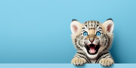 cute adorable tiger cub smiling on blue background and copy space generative ai