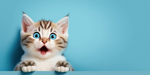 adorable cute cat with surprised expression isolated on blue background with copy space generative ai