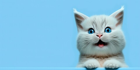 adorable cute cat smiling and isolated on blue background with copy space generative ai