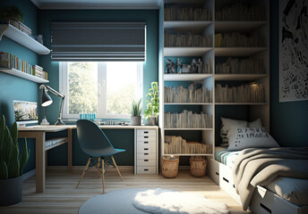 Kid bedroom interior, child room, Bed and student desk, toys and study, Generative AI