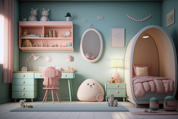 Child room, girl bedroom interior, pastel colors, Bed and student desk, Generative AI