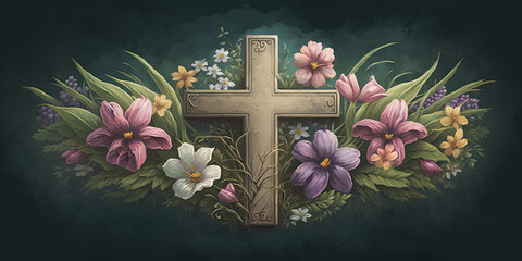 Easter illustration banner of a religious cross and flowers, Generative AI