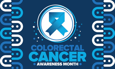 Colorectal Cancer Awareness Month. Celebrate annual in March. Control and protection. Prevention campaign. Medical health care concept. Poster with blue ribbon. Banner, background. Vector illustration