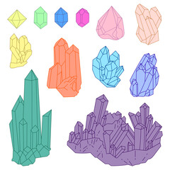 Beautiful crystals, magic stones, magic, diamonds, pop art illustration. Bright drawing. Colored lines.
