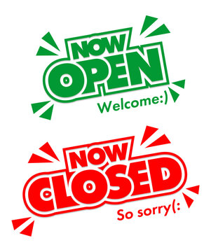 Lettering Now Open Closed For Door Sign. Vector Template On Transparent Background