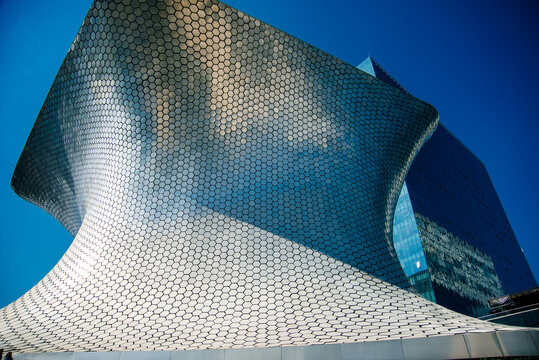 Mexico City, Mexico - Soumaya museum seen from the left side of the entrance.