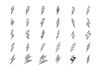 Set of 30 Lightning flat icons. Thunderbolts icons isolated on white background. Vector illustration