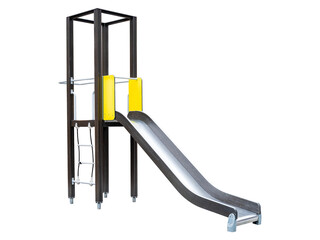 Modern sport neat brown children's slide on a transparent background. A steel slide with wooden supports and a hanging ladder