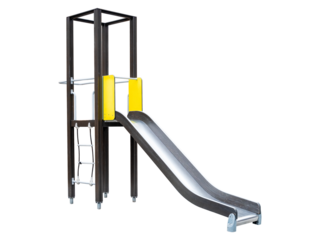 Modern sport neat brown children's slide on a transparent background. A steel slide with wooden supports and a hanging ladder