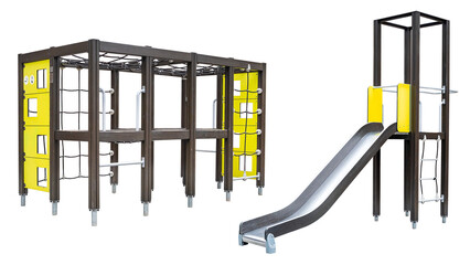 Steel slide and sports complex for children on a playground with hanging ladders, nets and horizontal bars on a transparent background