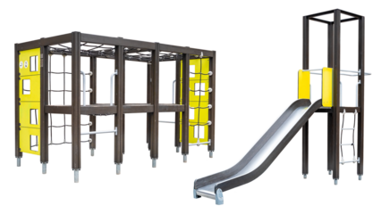 Steel slide and sports complex for children on a playground with hanging ladders, nets and horizontal bars on a transparent background