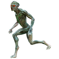 3D Rendering Green Alien on White