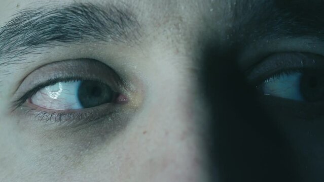 Green eyes close-up with capillaries. The concept of ophthalmology and medicine. Views in different directions.